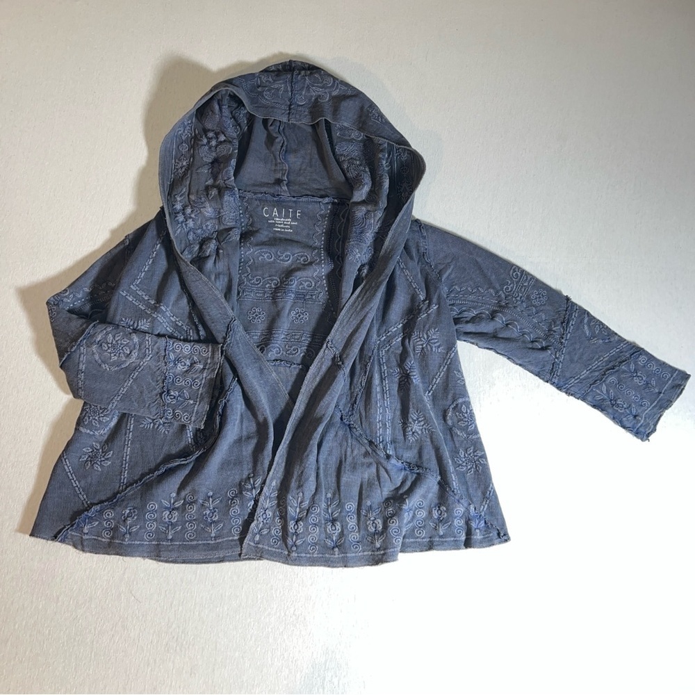 Caite 100% Cotton Handmade Embroidered Blue Open Nova Hoodie, Women’s Medium